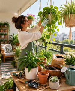Preparing indoor hanging plants with pots and gardening supplies
