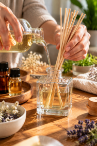 Making homemade reed diffuser with scented liquid and natural reeds