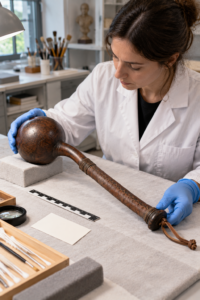 Museum specialist examining a possible ball-headed war club