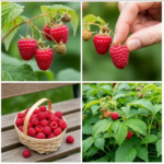 A hand gently picking a ripe red raspberry from the cane, showing how to pick raspberries without crushing them.