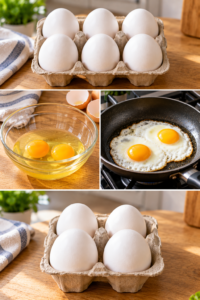 6 egg riddle showing two eggs being broken and prepared while four eggs remain