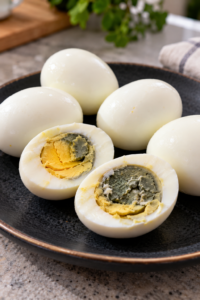 spoiled egg and boiled eggs showing signs of a bad egg
