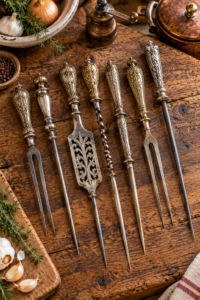 vintage kitchen tools and antique nut picks on a dining table