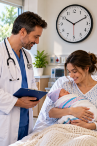 brain test showing a doctor mother baby and clock with a hidden mistake