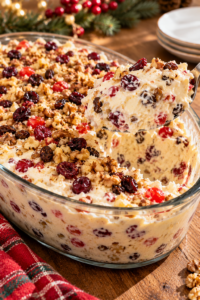 no-bake Christmas dessert with creamy fruit and nuts