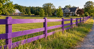 Purple fence marking private property in a rural area