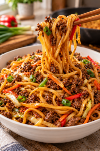 Ground Beef Lo Mein with tender noodles and savory beef