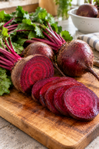 Beetroot sliced open showing its deep red color and natural compounds