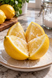 lemon and salt room trick with lemon pieces and coarse salt