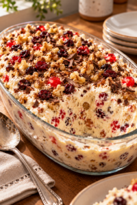 finished no-bake Christmas dessert with fruit and nuts