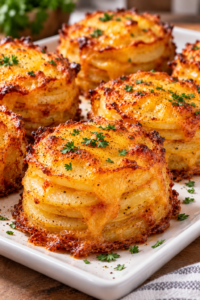 Crispy golden potato stacks with melted cheese