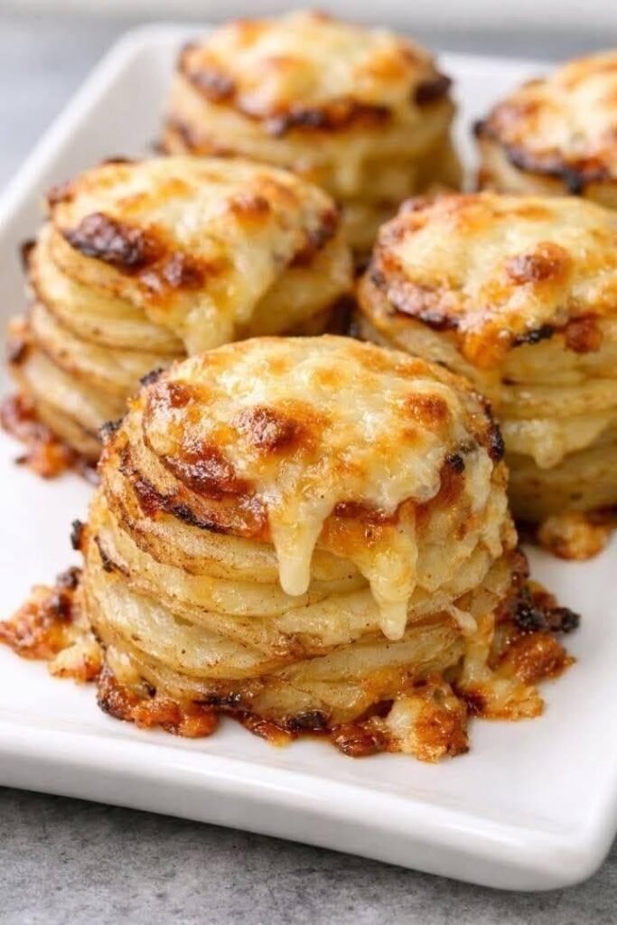 Oven-baked cheesy potato stacks on a white plate