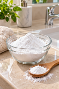 baking soda powder beside a bowl for facial skincare