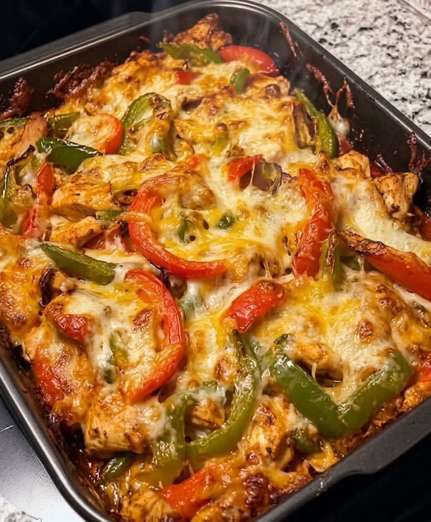 Chicken Fajita Casserole with seasoned chicken, red and green peppers, onions, and melted cheese.