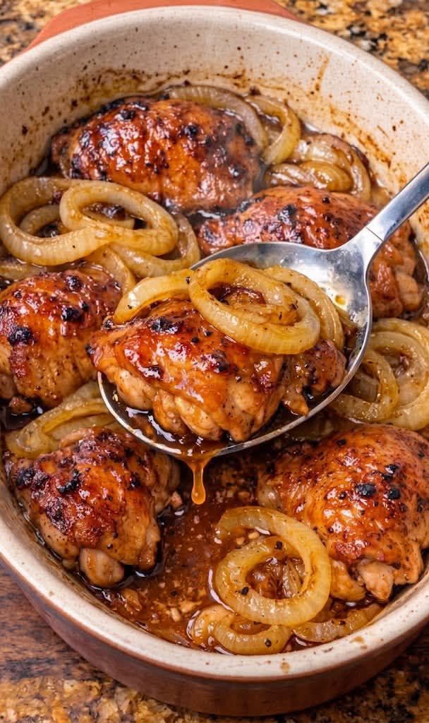 Chicken thighs and sliced onions prepared for 3-Ingredient Charleston Chicken.