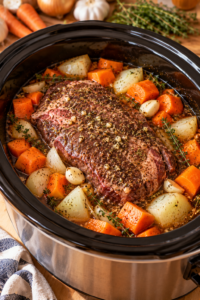Tender beef pot roast cooking with vegetables and savory broth