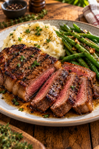 sliced juicy steak served with mashed potatoes and green vegetables