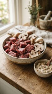 Ingredients for Slow Cooker 4-Ingredient Mushroom Beef Tips with beef chunks and fresh mushrooms.