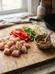 Chicken, peppers, and onions prepared for Chicken Fajita Casserole.