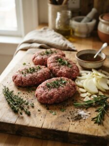 Ingredients and seasoned beef patties for Slow Cooker Salisbury Steak.