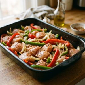 Seasoned chicken, red peppers, green peppers, and onions in a dish for Chicken Fajita Casserole.