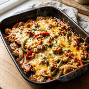 Chicken Fajita Casserole with seasoned chicken, red and green peppers, onions, and melted cheese.