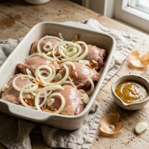 Chicken thighs and sliced onions prepared for 3-Ingredient Charleston Chicken.