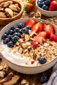 Chopped Brazil nuts in a healthy breakfast bowl