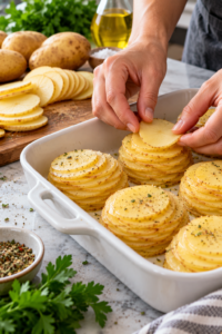 Thinly sliced potatoes prepared for cheesy potato stacks