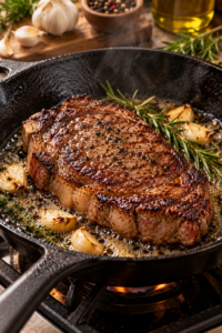 juicy steak searing in a hot cast iron skillet
