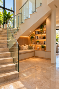 Finished staircase space ideas with stylish storage and seating