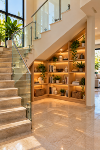 Staircase space ideas with built-in shelves for home organization