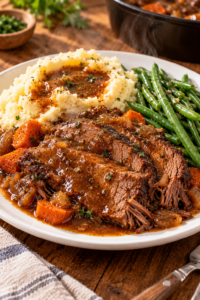 Slow cooker pot roast with gravy, mashed potatoes, and green beans