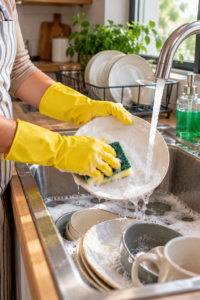 Person washing dishes with gloves in a kitchen