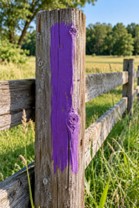 Purple paint marking on a fence post for private property