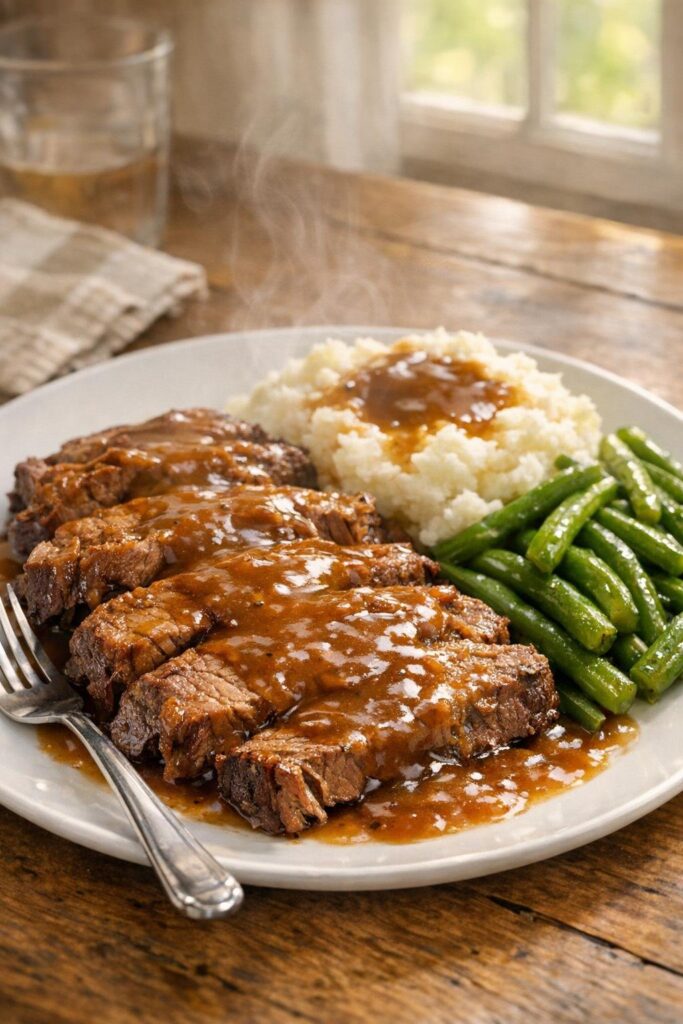 Slow cooker pot roast with rich gravy, mashed potatoes, and green beans